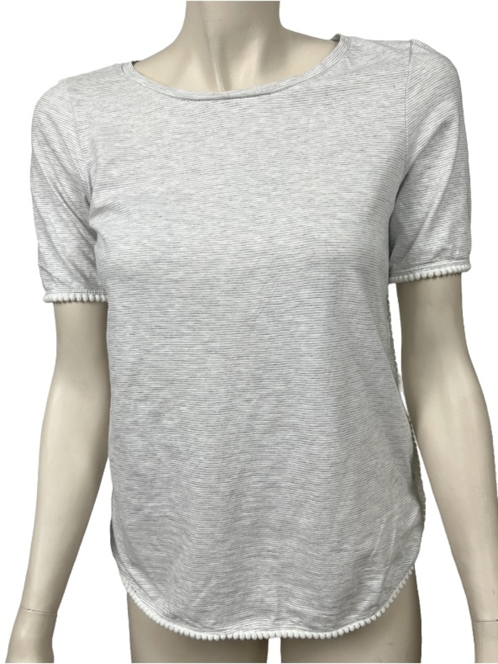 Ann Taylor Loft Gray Striped Pom Pom Accent T-shirt